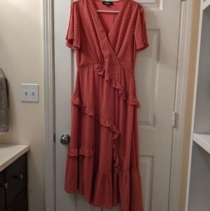 Lulu's Next To You Rusty Rose Swiss Dot Ruffle Midi Dress